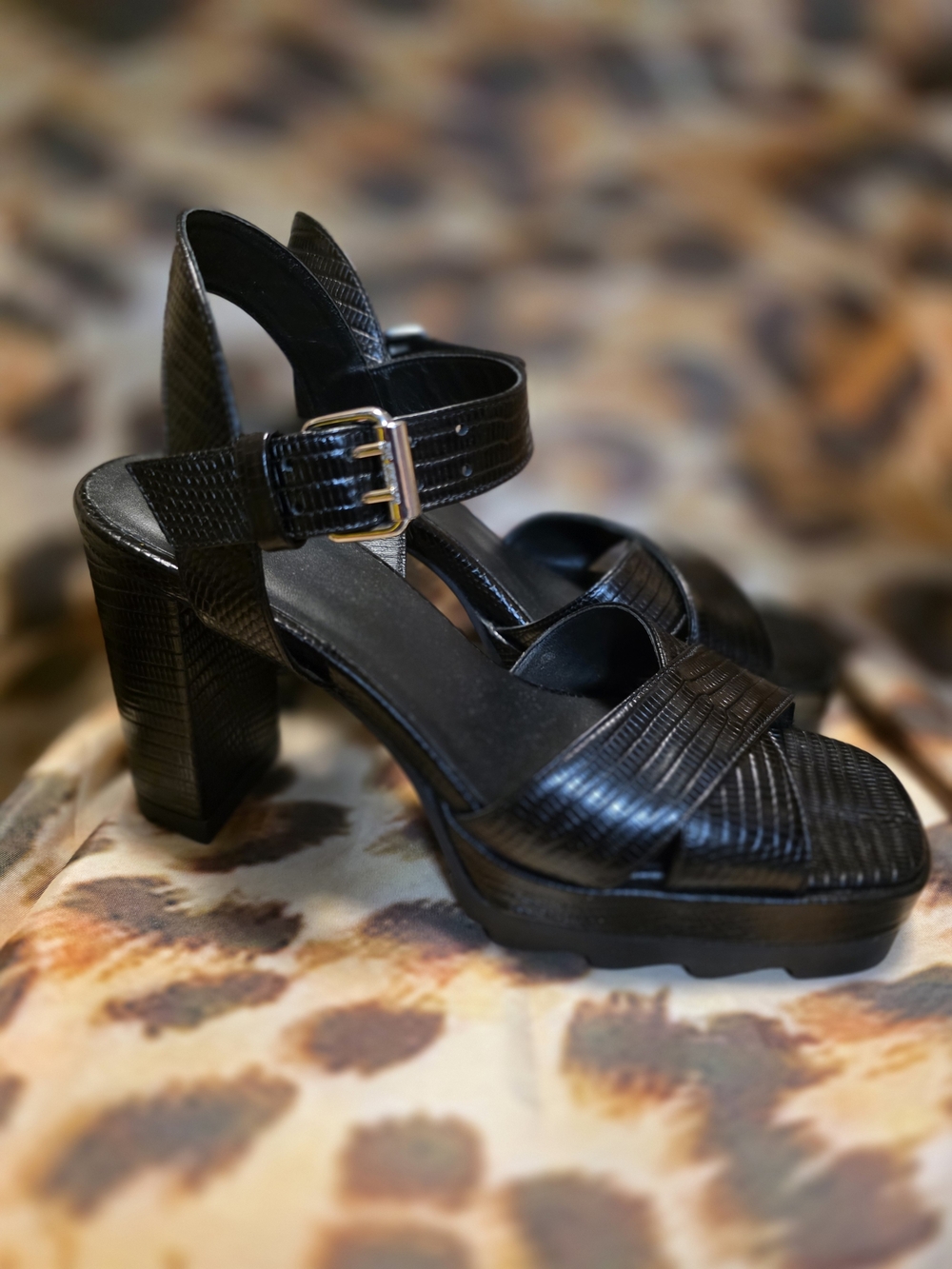 The Kooples Black Lizard-Effect Leather Block Heeled Sandals - Size 39 /8.0-8.5